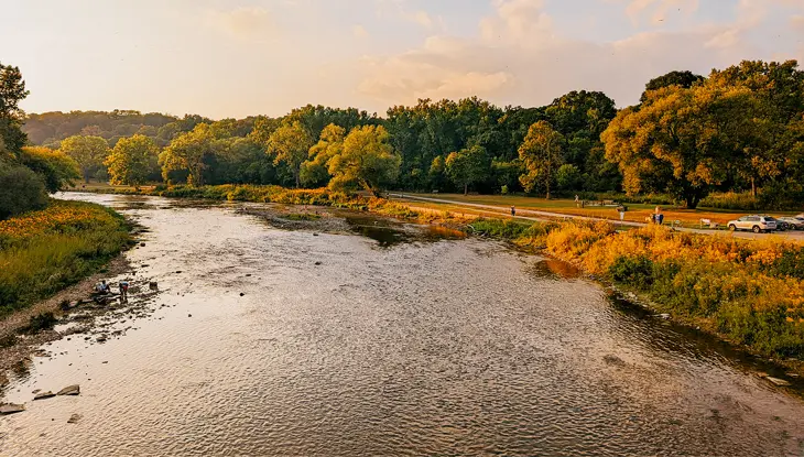 Une large rivière traverse un paysage boisé à l’automne, bordée d’arbres aux couleurs automnales chaleureuses sur les deux rives et de champs herbeux le long du rivage.