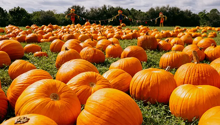 A large pumpkin field filled with orange pumpkins of various sizes, with trees in the background.