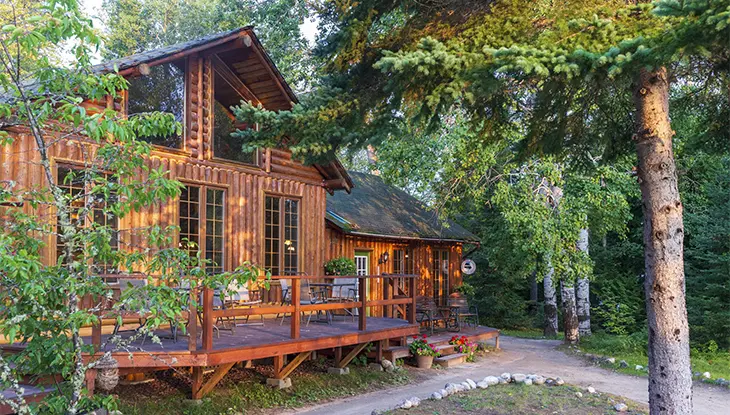 Rustic wooden cabin nestled among trees, featuring a covered porch, large windows, and a forested path leading to the entrance.