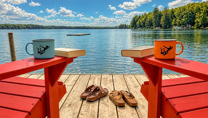 Quai au bord d’un lac avec des chaises Adirondack rouges donnant sur un lac bleu paisible et une rive boisée.