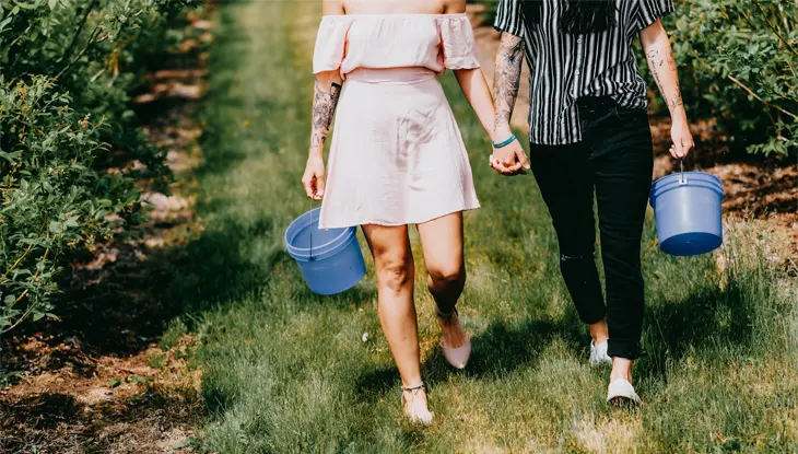 A couple holding hands at Park's Blueberries in Bothwell, Ontario, each carrying a blue bucket for berry picking on the farm.