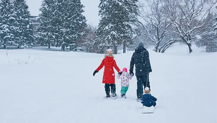 家族が、木々や柔らかい雪に囲まれた雪の降る公園を、そりに乗った子供を引いて歩いています。