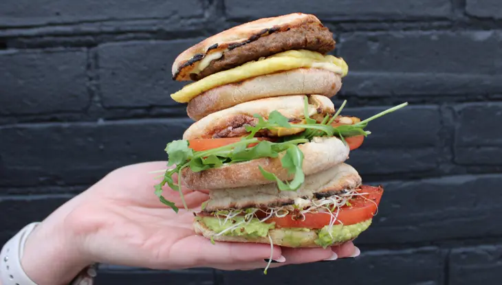 A hand-held stacked vegetarian sandwich from Democracy restaurant in Hamilton.