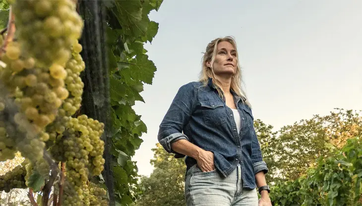 Kelly Mason standing among rows of grapevines at Mason Vineyard, looking thoughtfully into the distance at sunset.