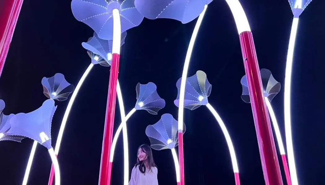 A woman admires a whimsical light installation during an annual winter light festival in Stratford.