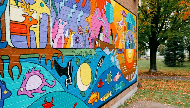 Obra de arte mural colorida pintada en una pared junto a un parque.