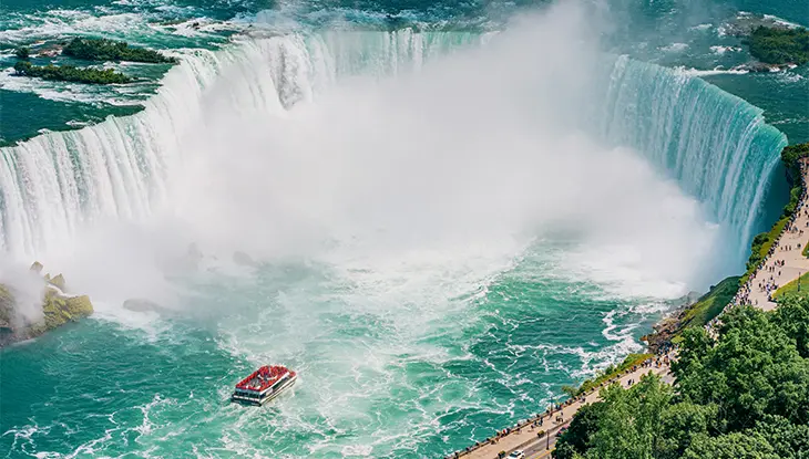 Panoramic view of Niagara Falls with mist rising and a tour boat approaching the falls.
