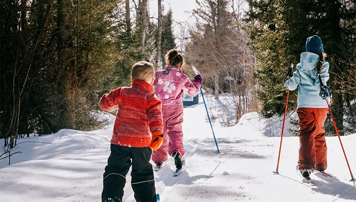Una familia de tres practica esquí de fondo por senderos nevados a través del bosque arbolado.