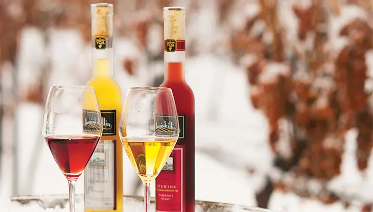 Verres de vin de glace rouge et blanc avec des bouteilles exposés à l’extérieur dans un vignoble enneigé de l’Ontario.