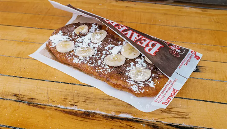 BeaverTail topped with chocolate spread, bananas and powdered sugar at the ByWard Market in Ottawa.