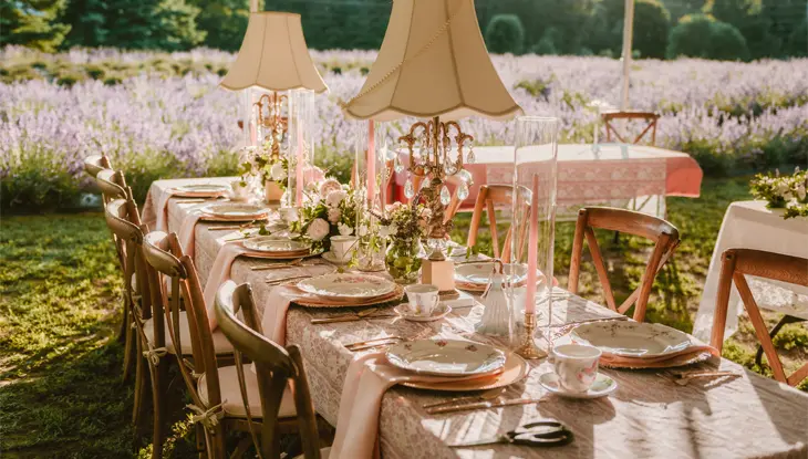 Table garnie de vaisselle chic et de lampes anciennes dans un champ de fleurs violettes à la Lavender Valley Farm à Cookstown, en Ontario.