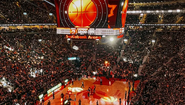 Fans fill the arena at a Raptors basketball game at Scotiabank Arena in Toronto.