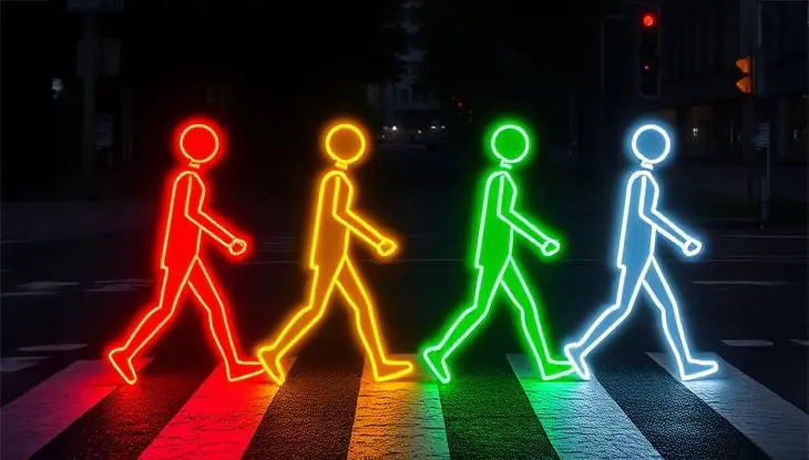 Des personnages illuminés en rouge, orange, vert et bleu traversant un passage piétonnier.