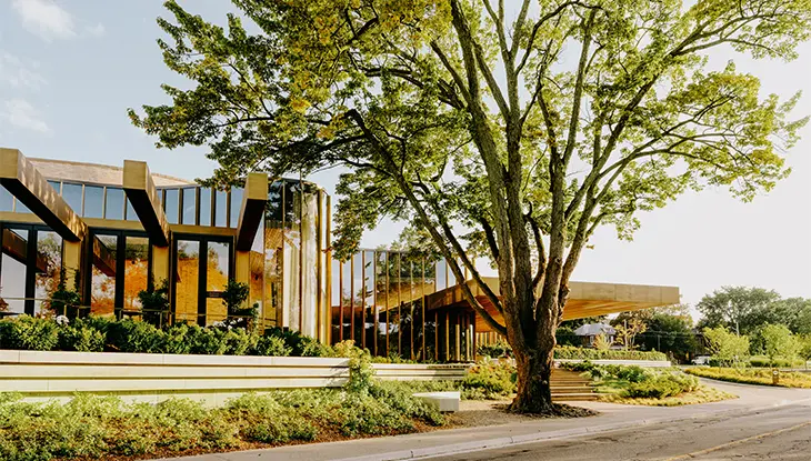 Théâtre contemporain à façade en verre, près d’un grand arbre à feuilles.