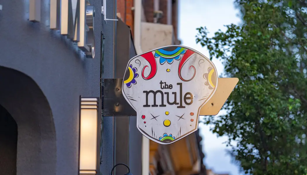 Colourful signage for the Mule, a Mexican restaurant in Hamilton.