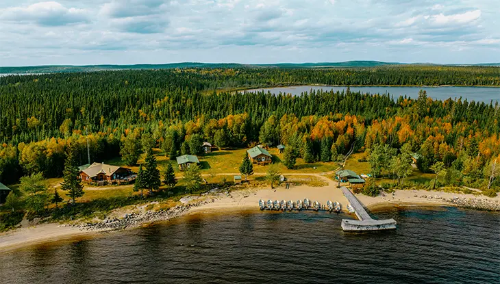 Aerial view of lakeside cabins, dock with boats, and dense forest under a cloudy sky.