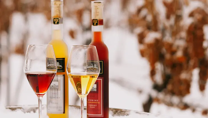 Two glasses of wine set in front of bottled wine with a snowy vineyard in the background.