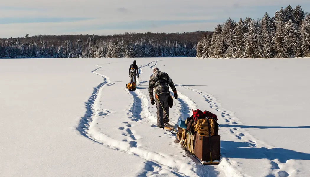 2人がそりに乗って荷物を引っ張りながら雪の上をアルゴンキン州立公園の冬のキャンプ場へ向かう。