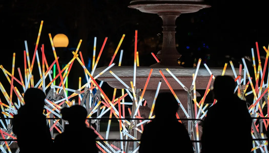 Silhouette de quatre spectateurs admirant une installation lumineuse lors du festival annuel Bal de Neige à Ottawa.